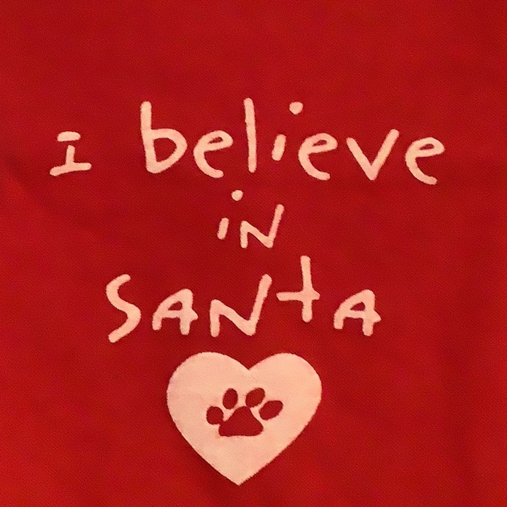 Red Dog Tee, “I Believe in Santa” with heart & paw print, NWT
